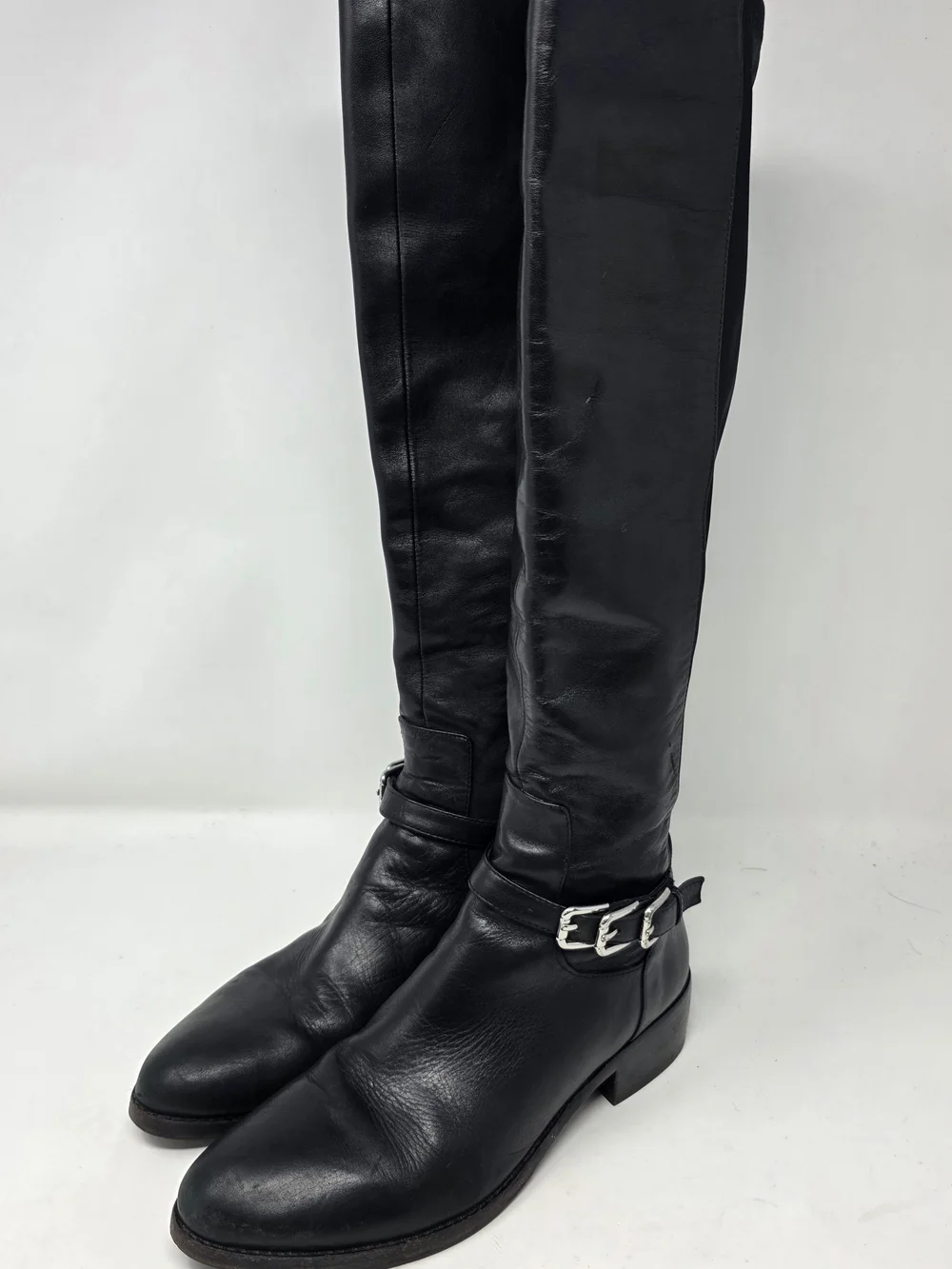 Donald J Pliner Nellie Black Leather Ankle Buckle Stretch Knee High Riding 7.5